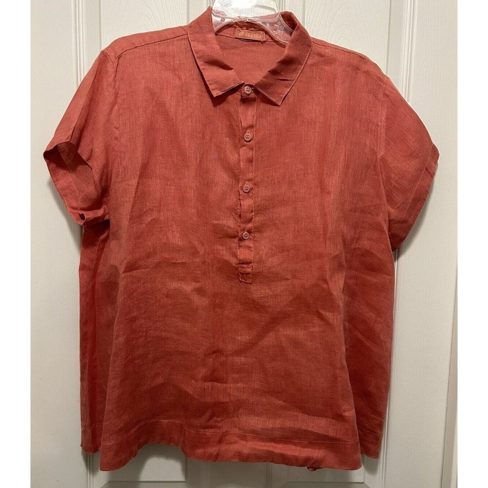 Made In USA CP Shades Pale Red 100% linen short sleeve button up shirt womens